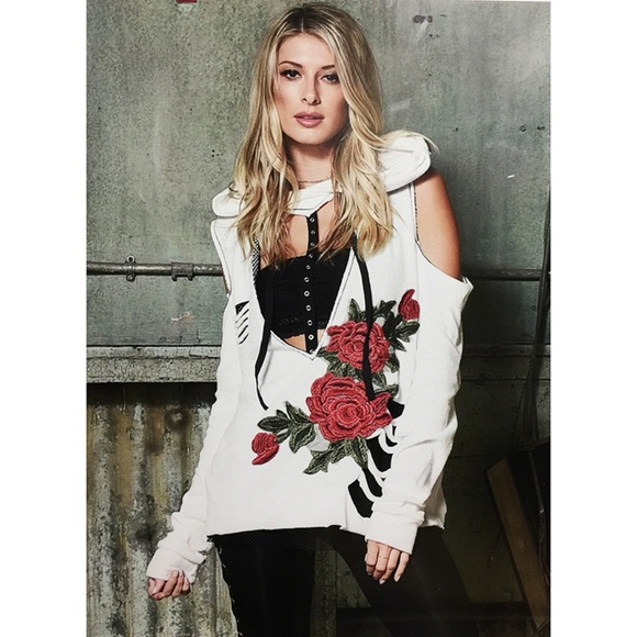 Moto Hippie Distressed Hoodie Tunic Sweater Top WT - Picture 2 of 8